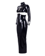 A glossy black latex two-piece suit by Ribcage, featuring a high-neck long-sleeve crop top and a matching high-waisted maxi skirt, accented by contrasting white crucifix motifs on the chest and cuffs.