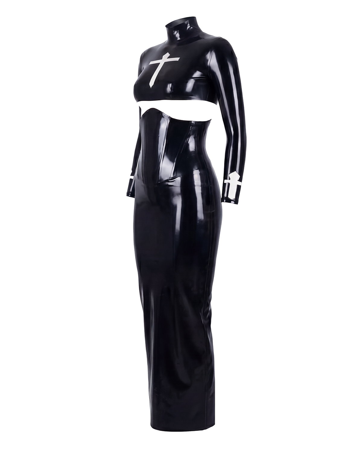 A glossy black latex two-piece suit by Ribcage, featuring a high-neck long-sleeve crop top and a matching high-waisted maxi skirt, accented by contrasting white crucifix motifs on the chest and cuffs.