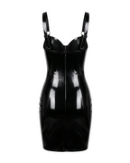 A glossy black latex mini dress by Ribcage, featuring a contoured bustier with suspender-style straps and a central metallic O-ring.