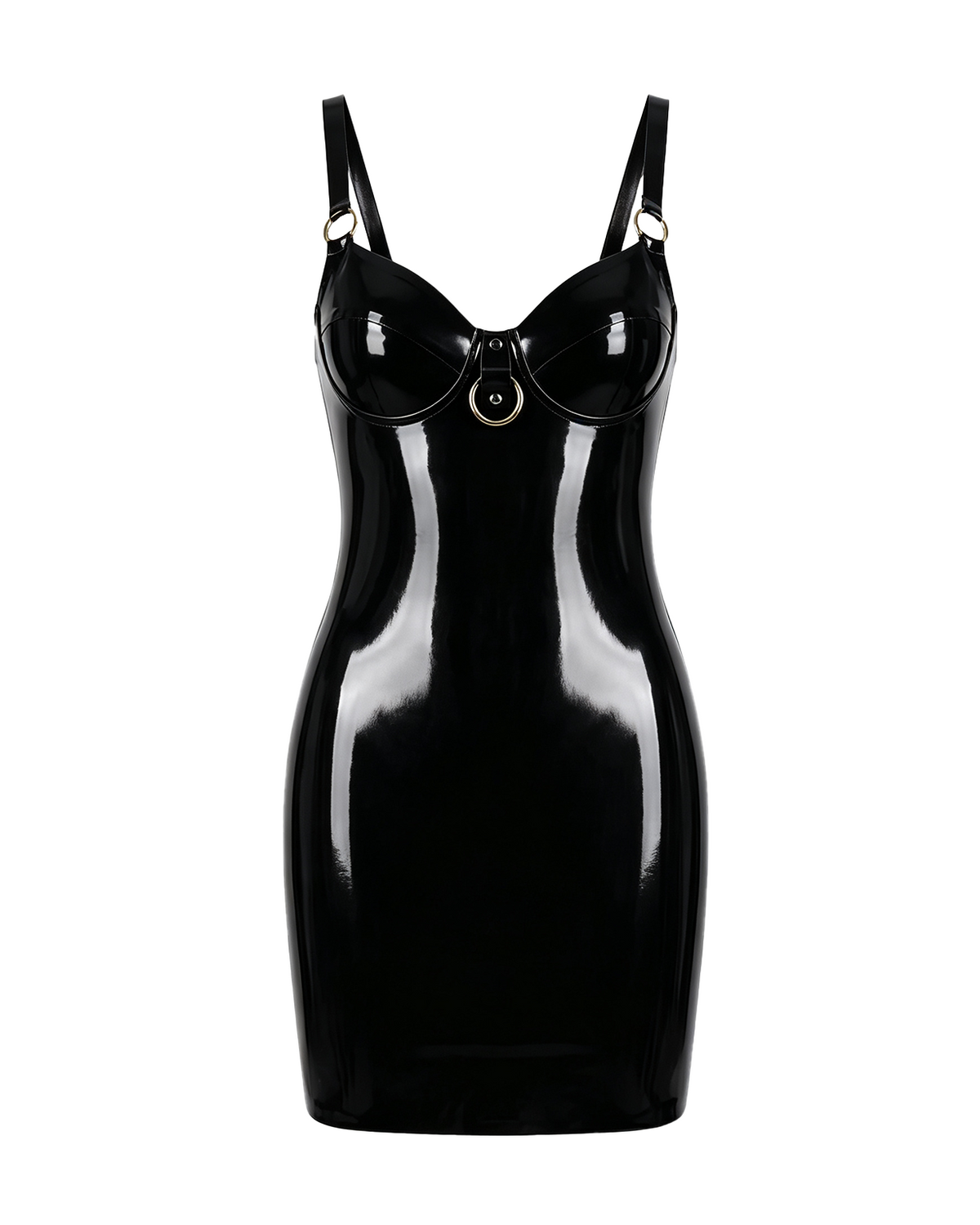 A glossy black latex mini dress by Ribcage, featuring a contoured bustier with suspender-style straps and a central metallic O-ring.
