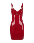 A glossy red latex mini dress by Ribcage, featuring a contoured bustier with suspender-style straps and a central metallic O-ring.
