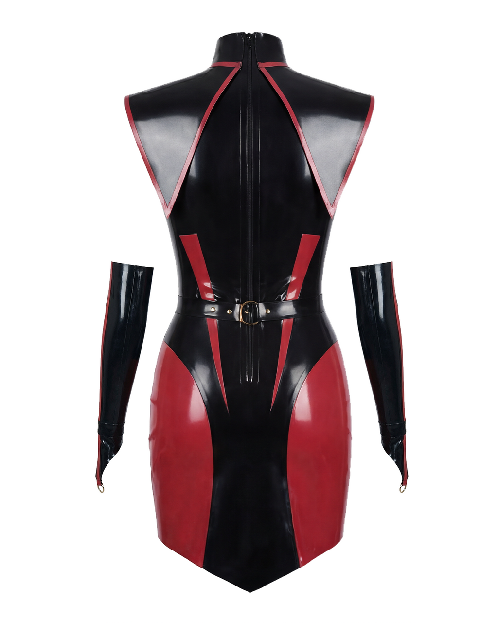 A glossy high-shine black and red latex multi-piece suit by Ribcage, featuring a high-neck dress with contrast paneling, a triangular capelet accessory with metallic hardware, and matching long gloves