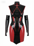 A glossy high-shine black and red latex multi-piece suit by Ribcage, featuring a high-neck dress with contrast paneling, a triangular capelet accessory with metallic hardware, and matching long gloves.