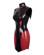 A glossy high-shine black and red latex multi-piece suit by Ribcage, featuring a high-neck dress with contrast paneling, a triangular capelet accessory with metallic hardware, and matching long gloves.
