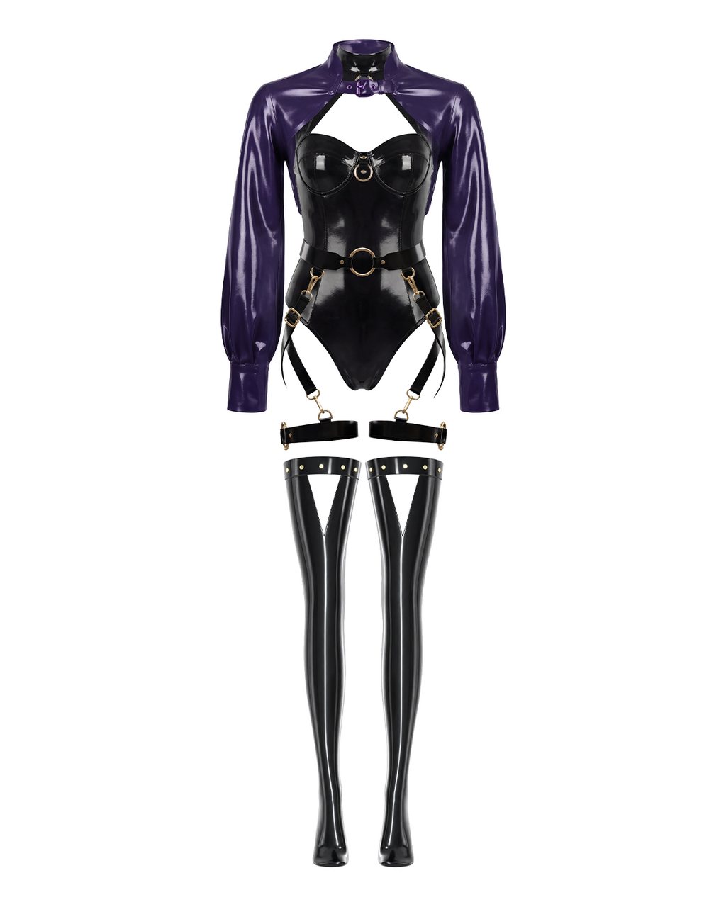 A glossy black and purple latex multi-piece suit by Ribcage, featuring The Eclipsed Bolero, The Eclipsed Bodysuit, matching triangle-cutout stockings, and The Eclipse Harness Set with metallic hardware.