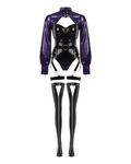 A glossy black and purple latex multi-piece suit by Ribcage, featuring The Eclipsed Bolero, The Eclipsed Bodysuit, matching triangle-cutout stockings, and The Eclipse Harness Set with metallic hardware.