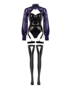 A glossy black and purple latex multi-piece suit by Ribcage, featuring The Eclipsed Bolero, The Eclipsed Bodysuit, matching triangle-cutout stockings, and The Eclipse Harness Set with metallic hardware.