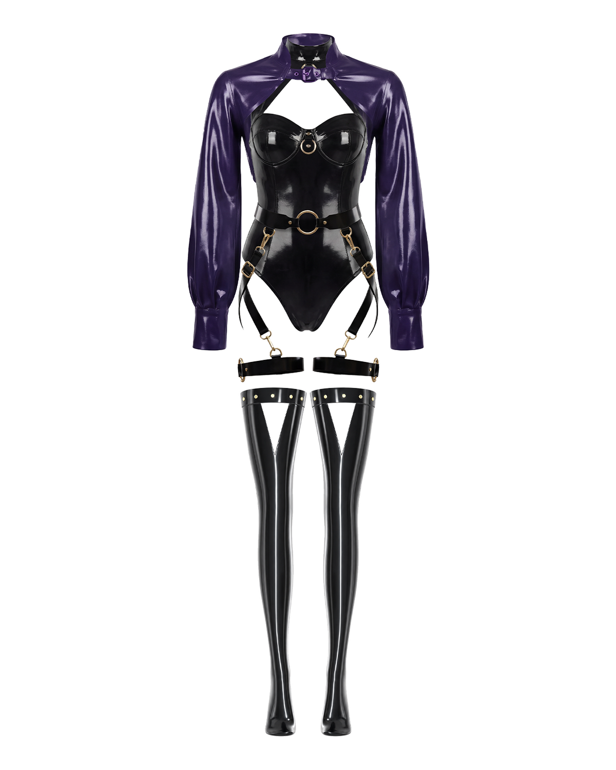 A glossy black and purple latex multi-piece suit by Ribcage, featuring The Eclipsed Bolero, The Eclipsed Bodysuit, matching triangle-cutout stockings, and The Eclipse Harness Set with metallic hardware.