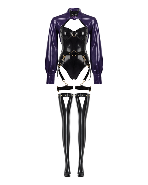 A glossy black and purple latex multi-piece suit by Ribcage, featuring The Eclipsed Bolero, The Eclipsed Bodysuit, matching triangle-cutout stockings, and The Eclipse Harness Set with metallic hardware.
