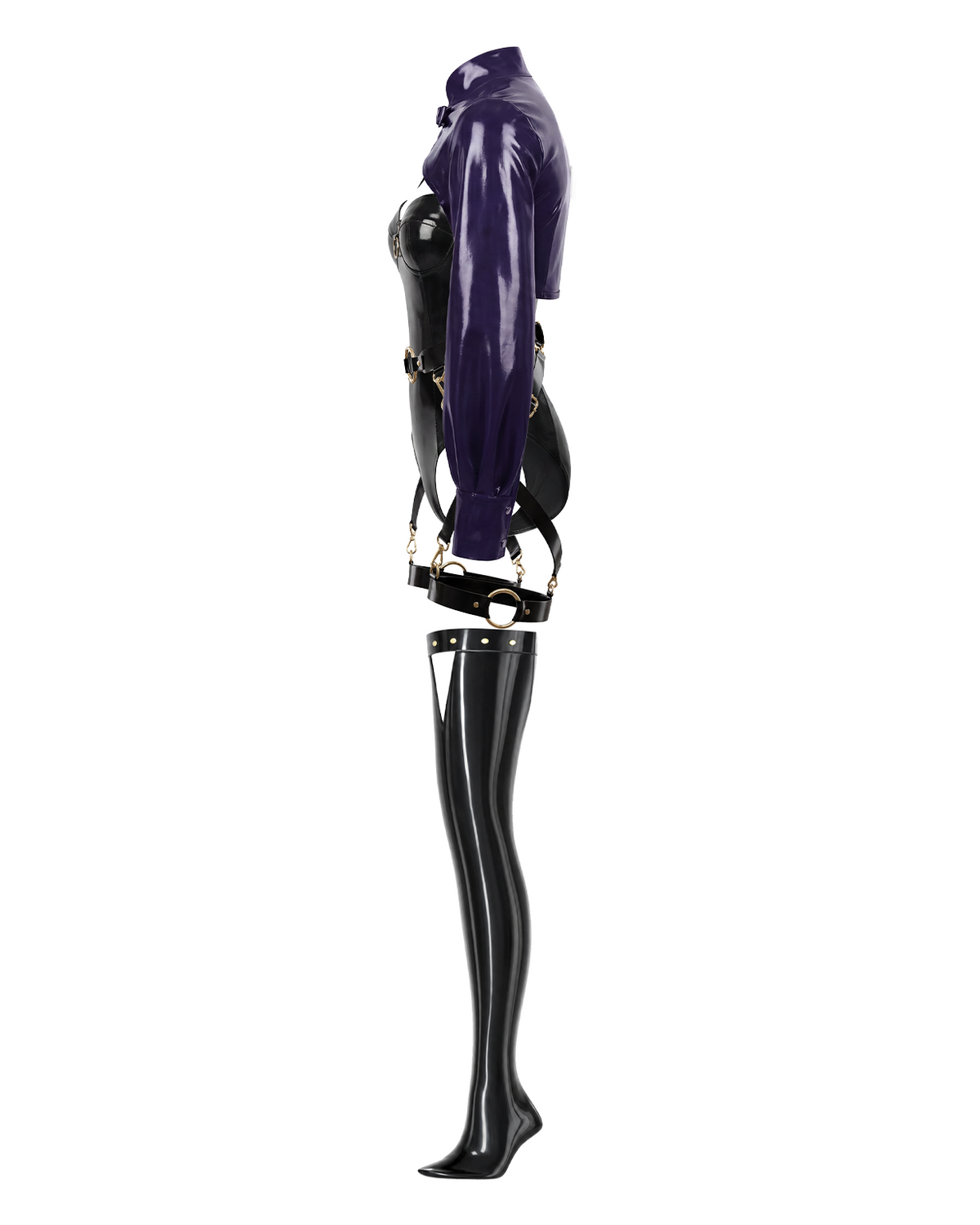 A glossy black and purple latex multi-piece suit by Ribcage, featuring The Eclipsed Bolero, The Eclipsed Bodysuit, matching triangle-cutout stockings, and The Eclipse Harness Set with metallic hardware.