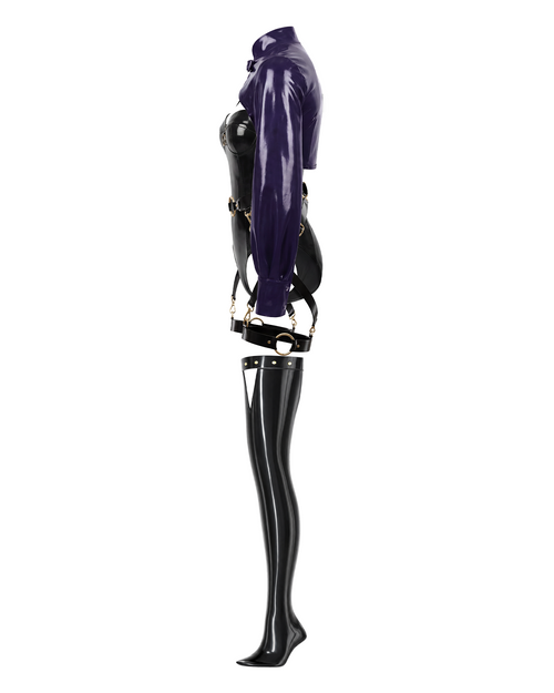 A glossy black and purple latex multi-piece suit by Ribcage, featuring The Eclipsed Bolero, The Eclipsed Bodysuit, matching triangle-cutout stockings, and The Eclipse Harness Set with metallic hardware.