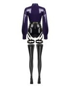 A glossy black and purple latex multi-piece suit by Ribcage, featuring The Eclipsed Bolero, The Eclipsed Bodysuit, matching triangle-cutout stockings, and The Eclipse Harness Set with metallic hardware.