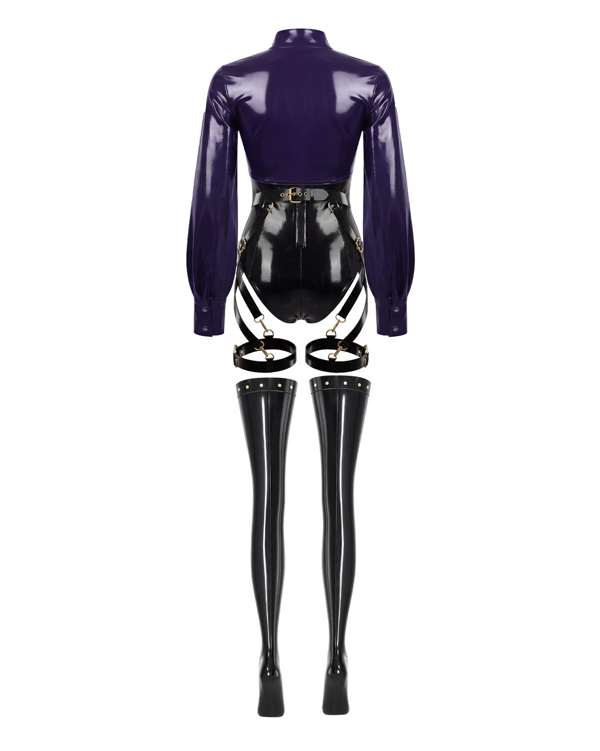 A glossy black and purple latex multi-piece suit by Ribcage, featuring The Eclipsed Bolero, The Eclipsed Bodysuit, matching triangle-cutout stockings, and The Eclipse Harness Set with metallic hardware.