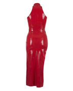 A glossy red latex sleeveless long dress by Ribcage, featuring a high neckline and a dramatic side slit.