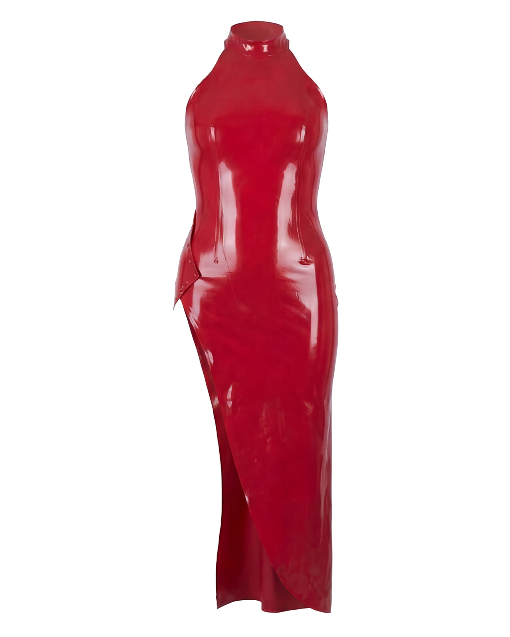 A glossy red latex sleeveless long dress by Ribcage, featuring a high neckline and a dramatic side slit.