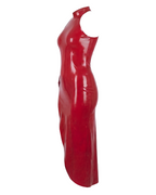 A glossy red latex sleeveless long dress by Ribcage, featuring a high neckline and a dramatic side slit.