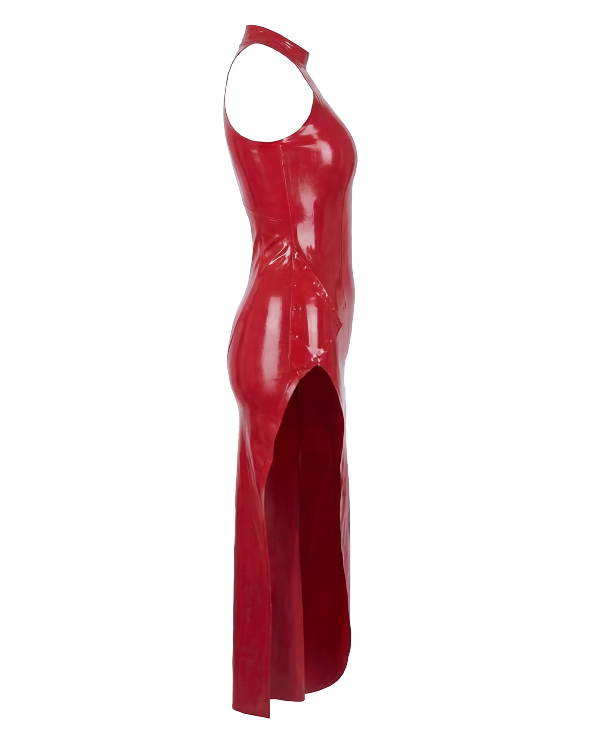 A glossy red latex sleeveless long dress by Ribcage, featuring a high neckline and a dramatic side slit.